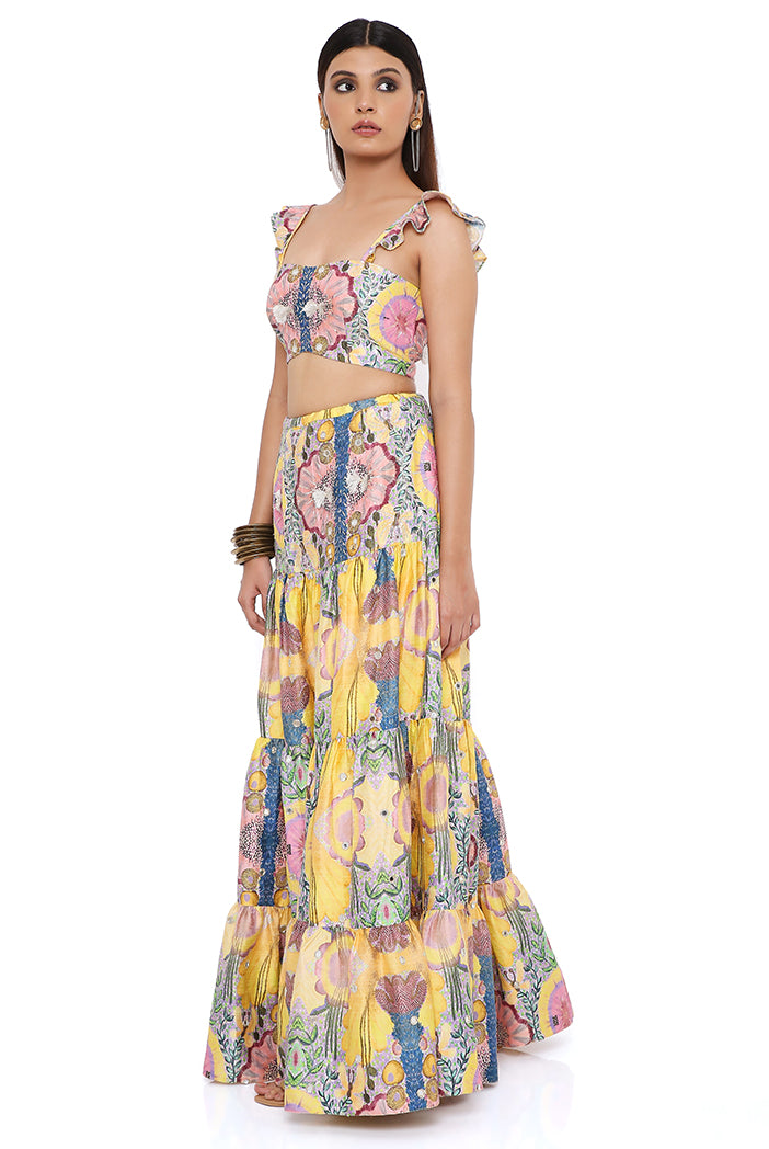 Alice Yellow Enchanted Print Dupion Silk Embroidered Bustier And Layered Skirt