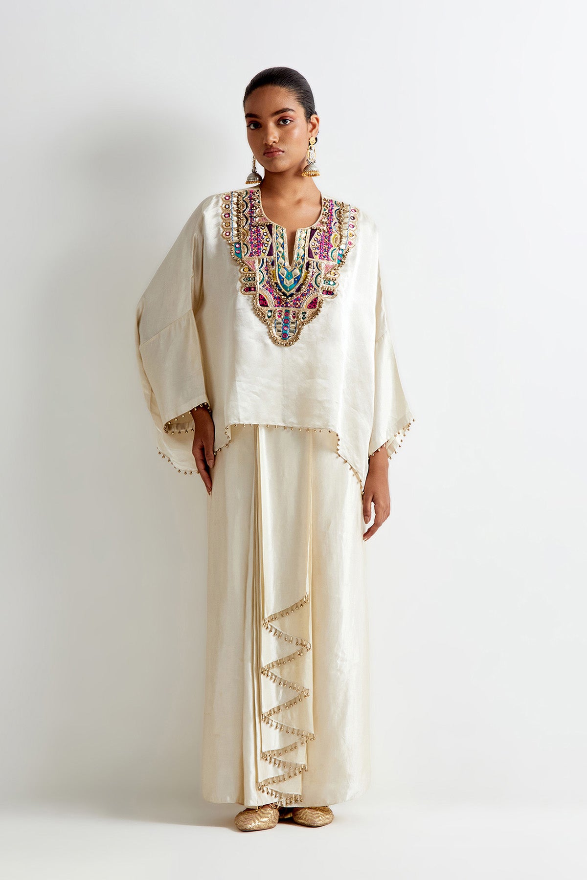 Stone Satin Embroidred Short Kaftan And Lungi Skirt