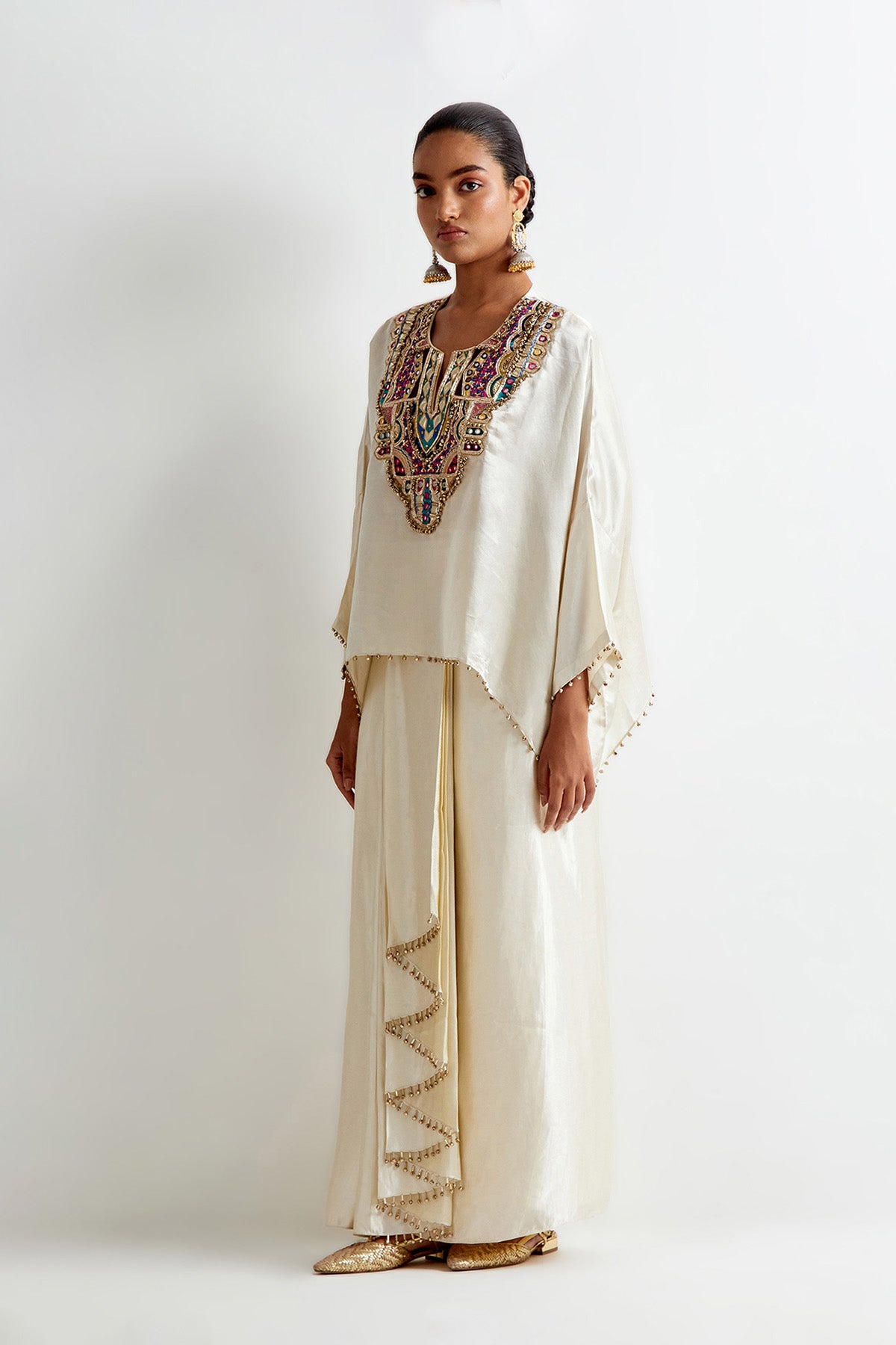 Stone Satin Embroidred Short Kaftan And Lungi Skirt