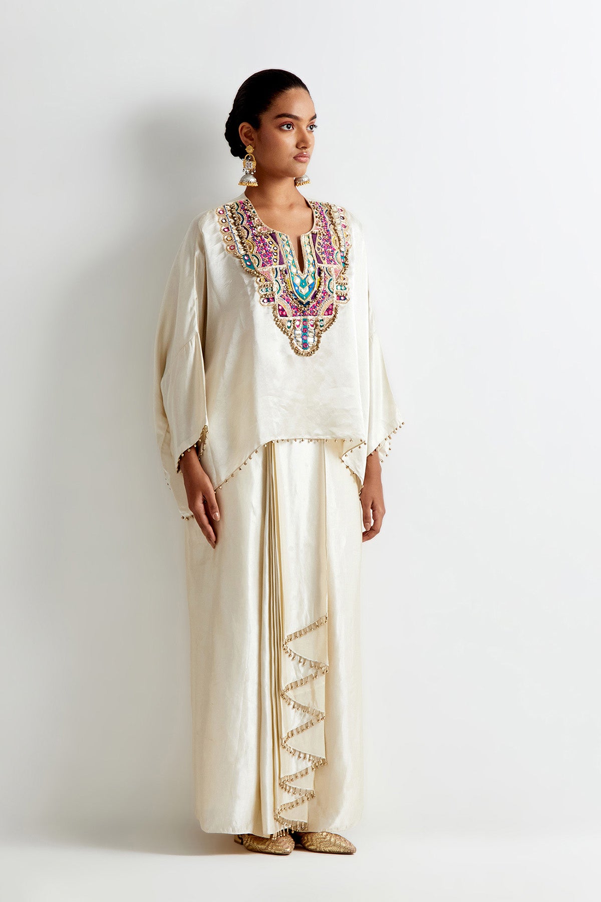 Stone Satin Embroidred Short Kaftan And Lungi Skirt