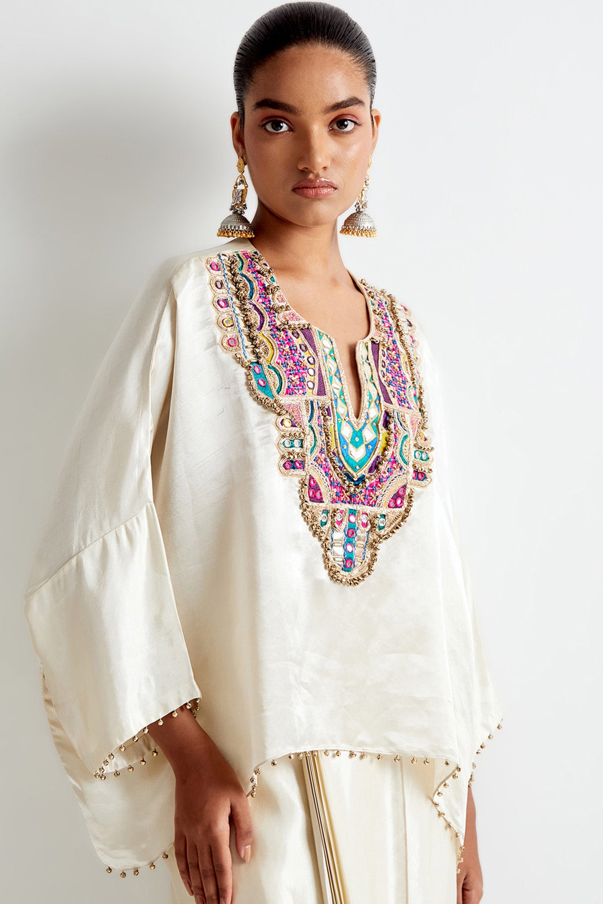 Stone Satin Embroidred Short Kaftan And Lungi Skirt