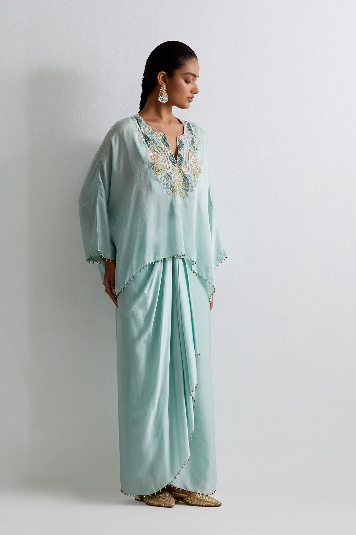 Sea Blue Satin Embroidered Yoke Kaftan Top And Lungi Skirt