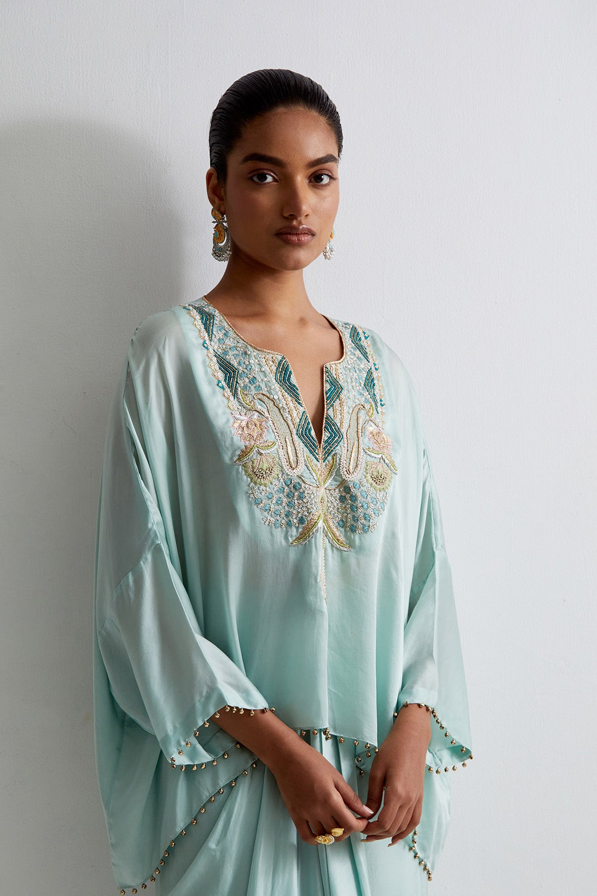 Sea Blue Satin Embroidered Yoke Kaftan Top And Lungi Skirt
