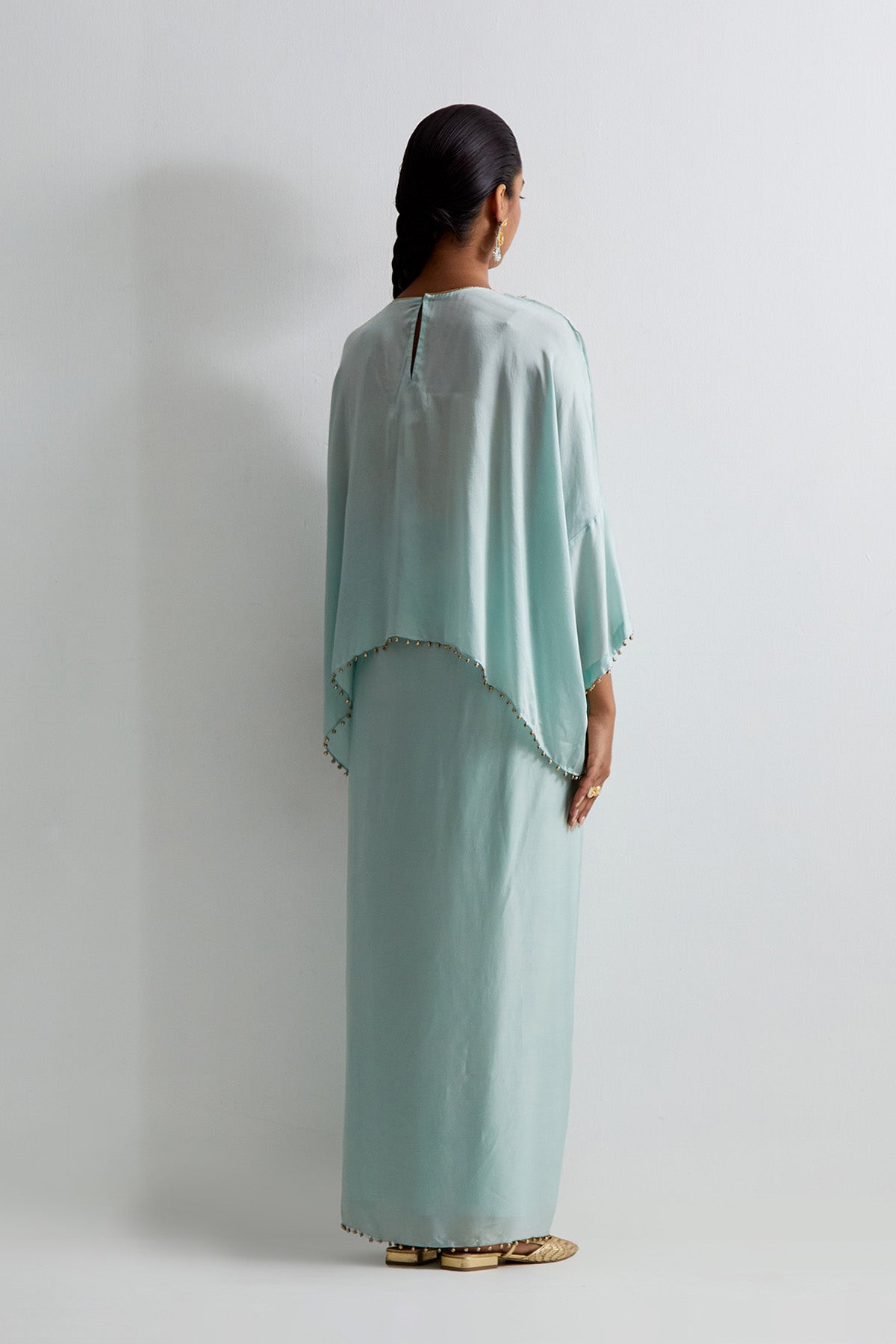 Sea Blue Satin Embroidered Yoke Kaftan Top And Lungi Skirt