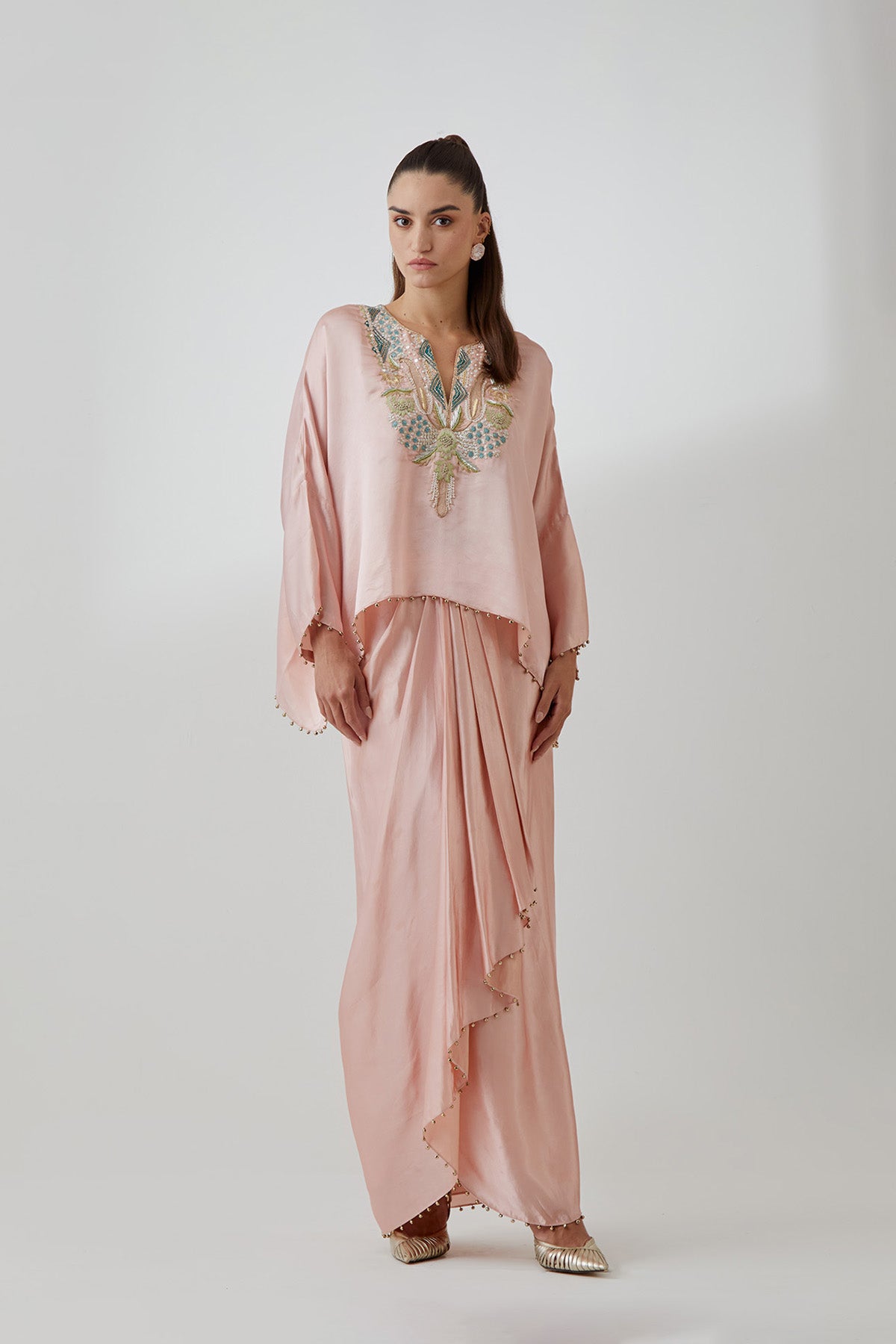 Blush Pink  Satin Embroidered Yoke Top And Lungi Skirt