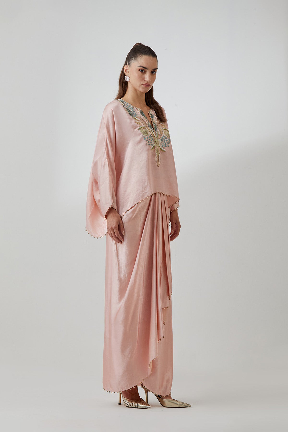 Blush Pink  Satin Embroidered Yoke Top And Lungi Skirt