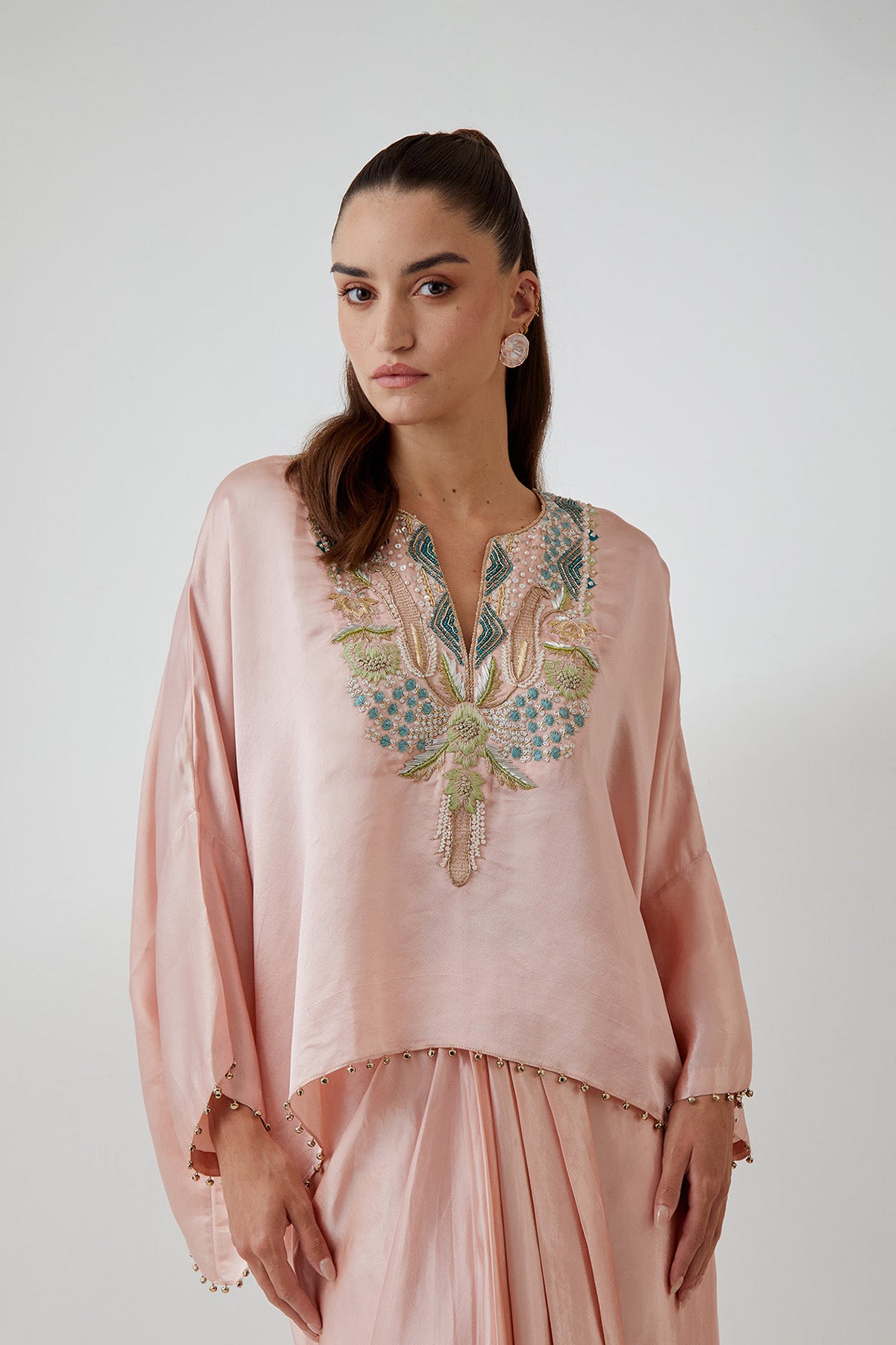 Blush Pink  Satin Embroidered Yoke Top And Lungi Skirt