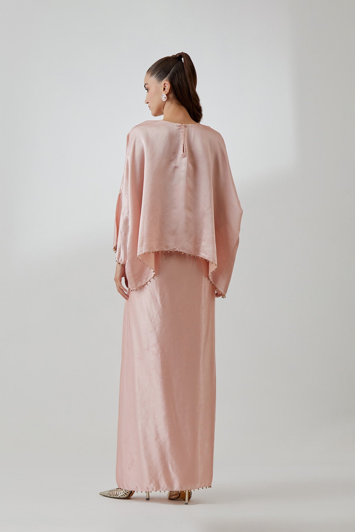 Blush Pink  Satin Embroidered Yoke Top And Lungi Skirt