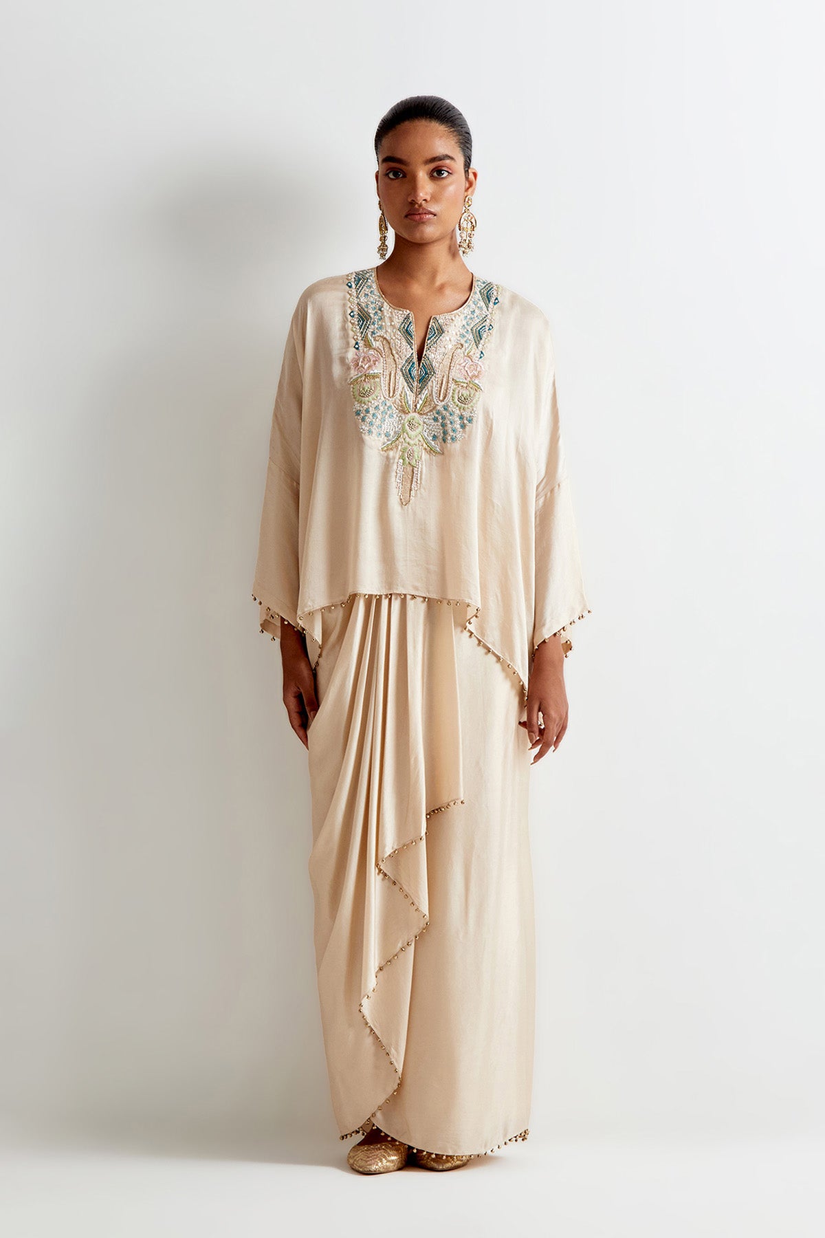 Stone Satin Embroidred Short Kaftan And Lungi Skirt