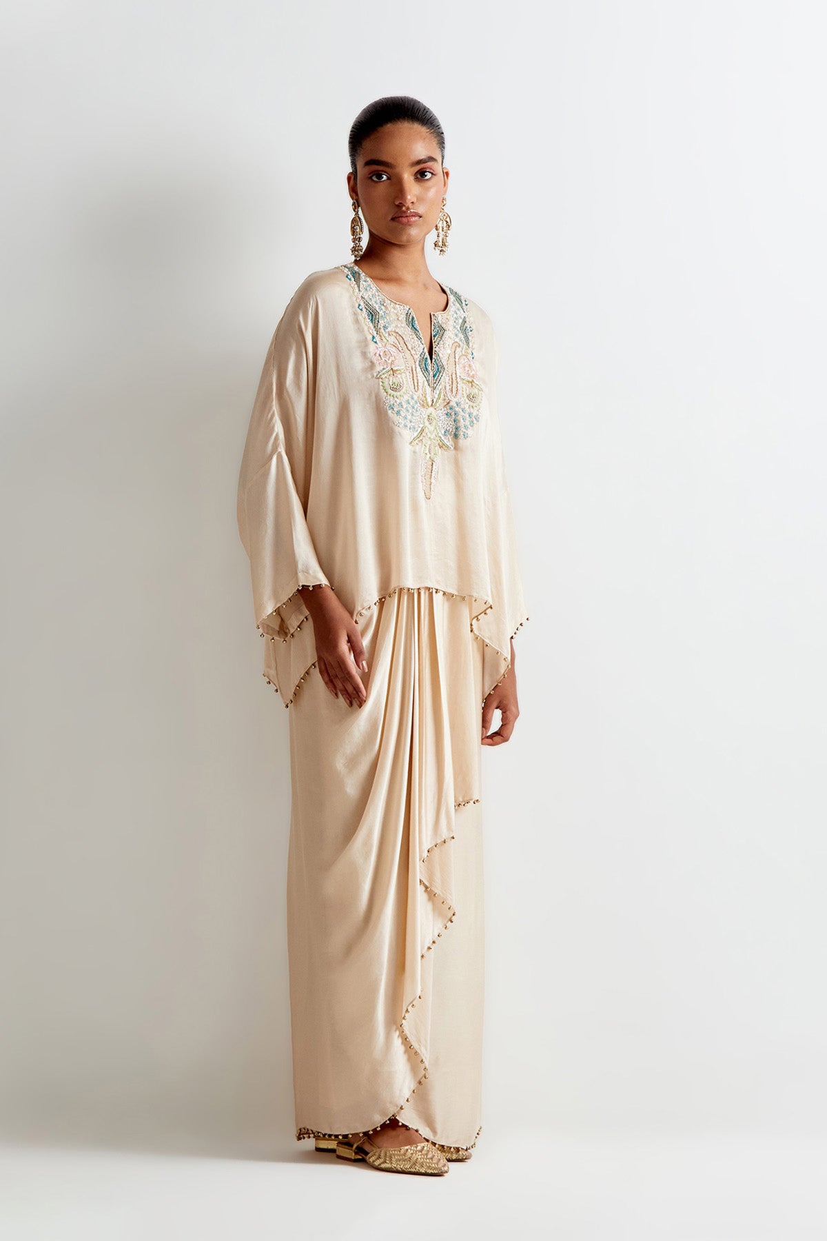 Stone Satin Embroidred Short Kaftan And Lungi Skirt