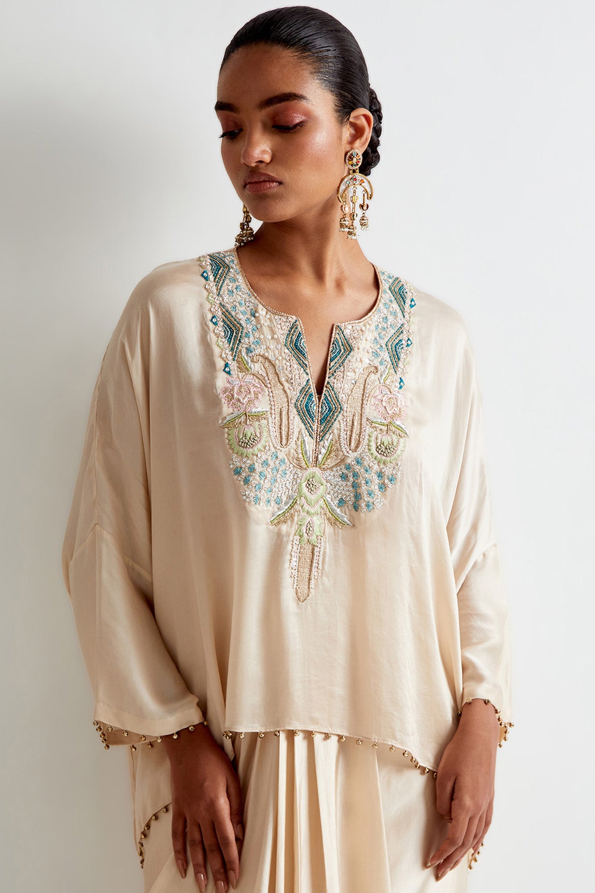 Stone Satin Embroidred Short Kaftan And Lungi Skirt