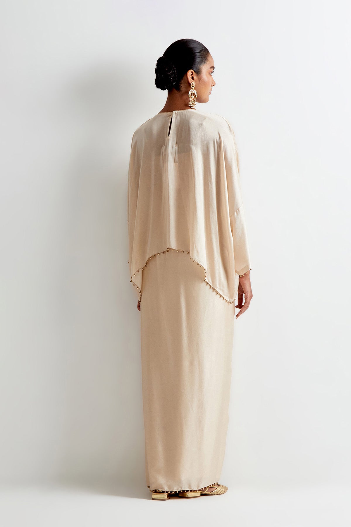 Stone Satin Embroidred Short Kaftan And Lungi Skirt