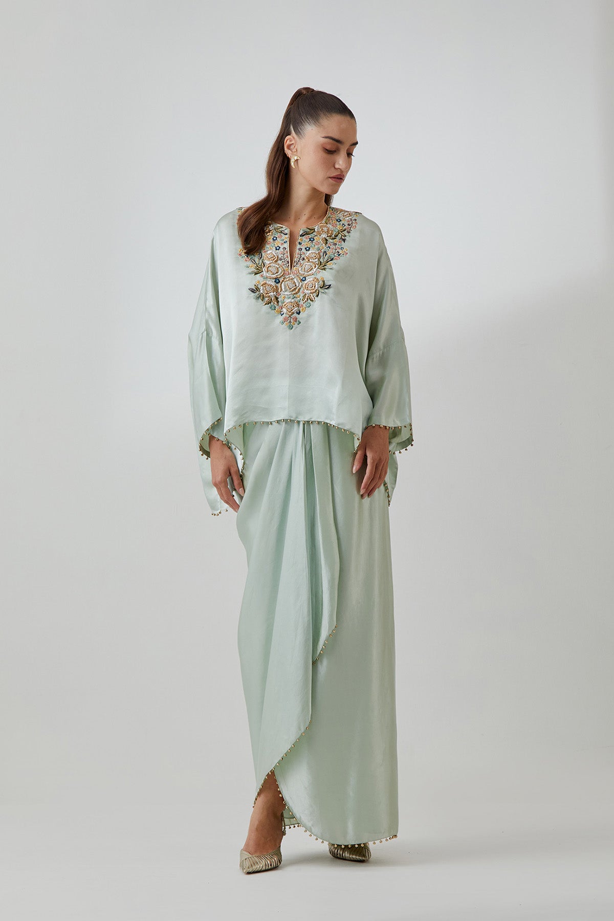 Powder Blue  Satin Embroidered Yoke Top And Lungi Skirt