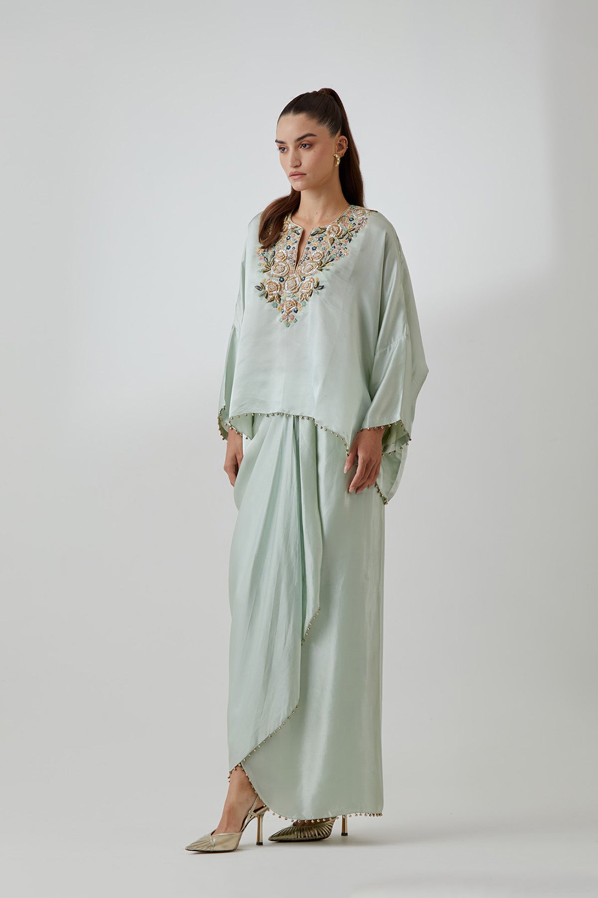 Powder Blue  Satin Embroidered Yoke Top And Lungi Skirt