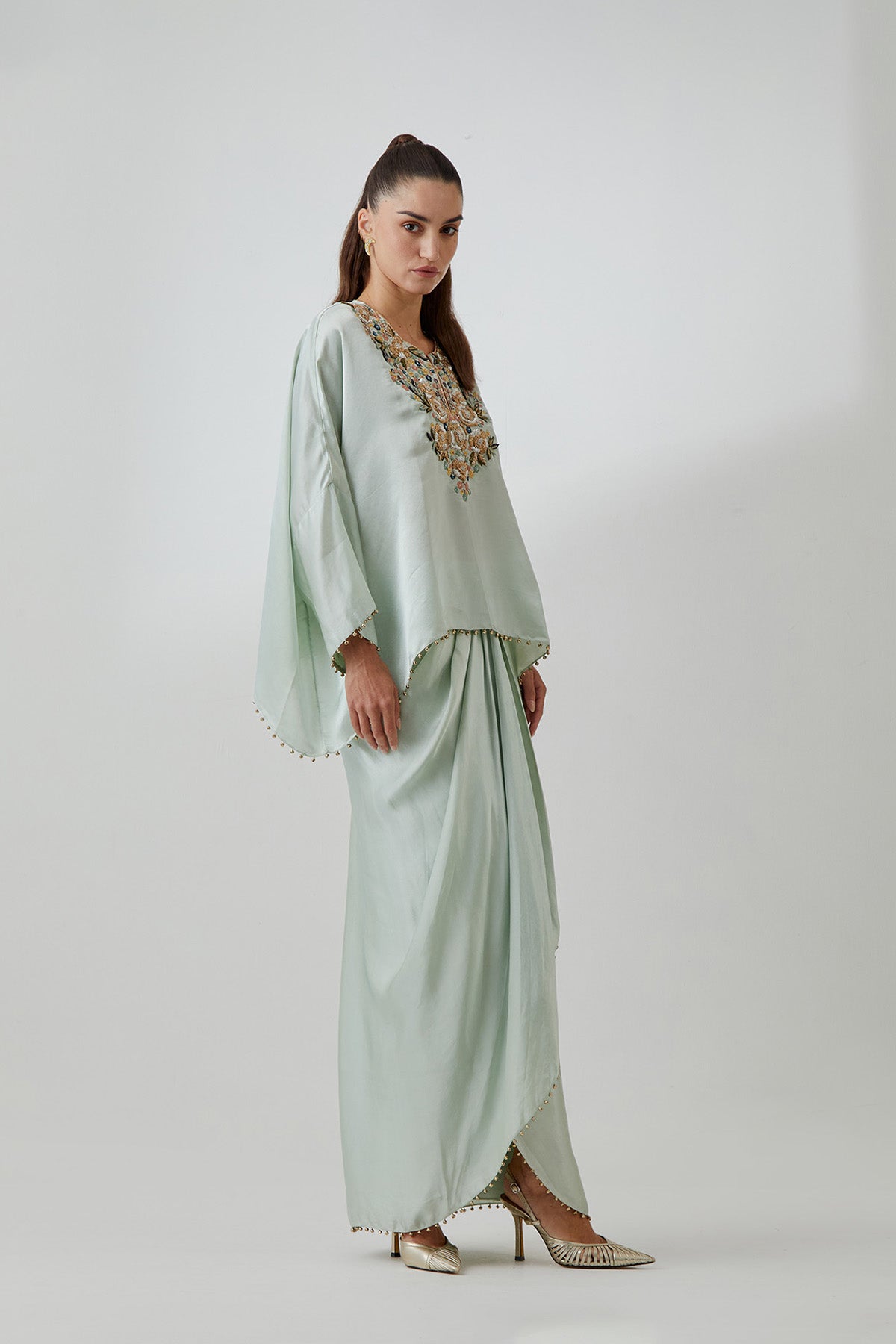 Powder Blue  Satin Embroidered Yoke Top And Lungi Skirt