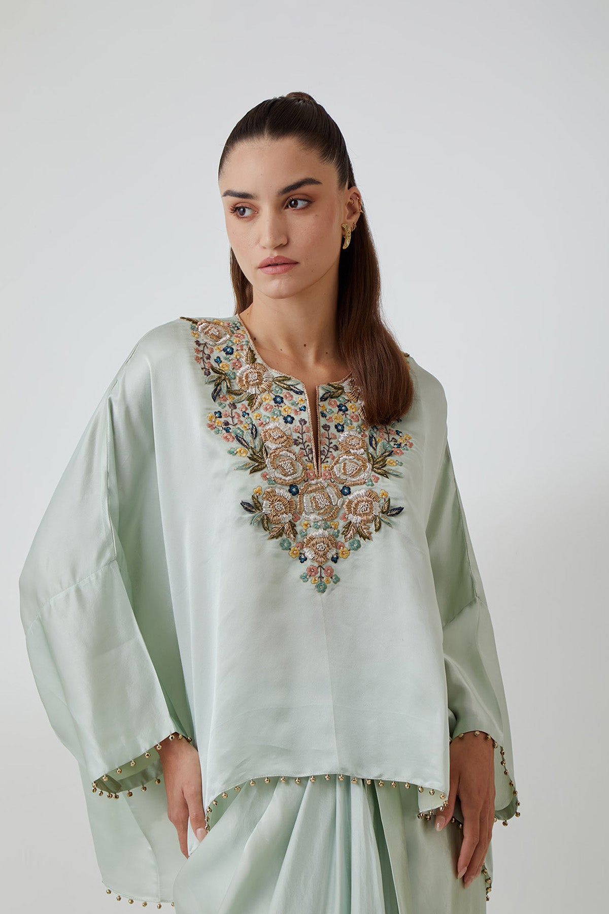 Powder Blue  Satin Embroidered Yoke Top And Lungi Skirt