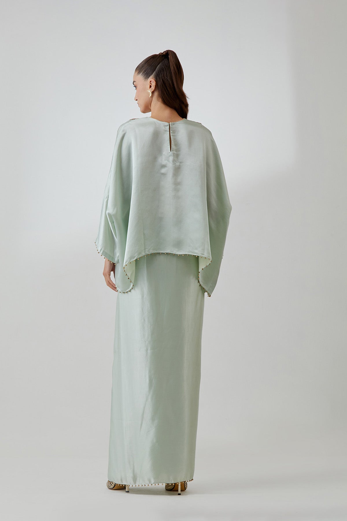 Powder Blue  Satin Embroidered Yoke Top And Lungi Skirt