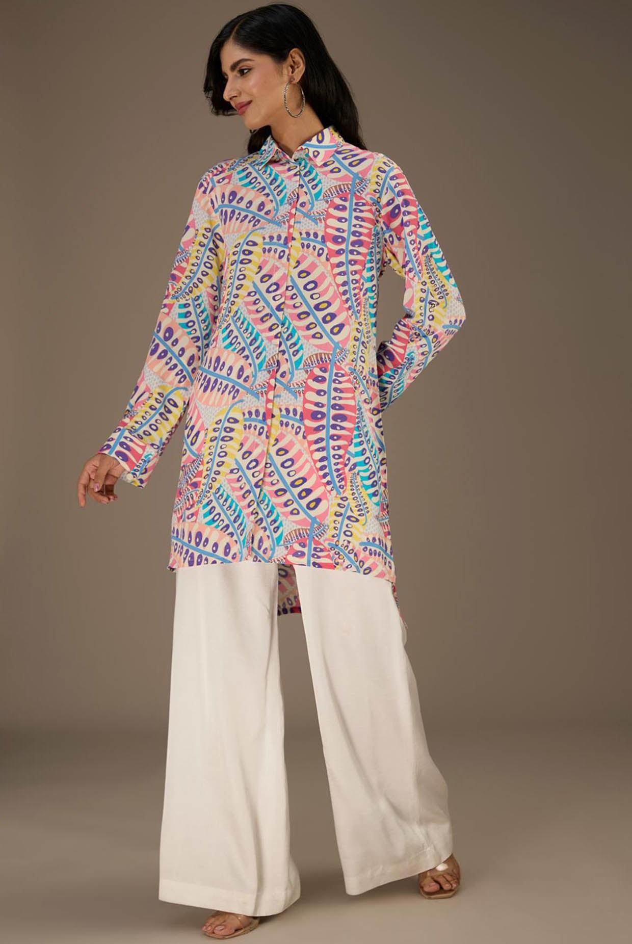 Blue Printed Roll-Up Sleeve Shirt Dress