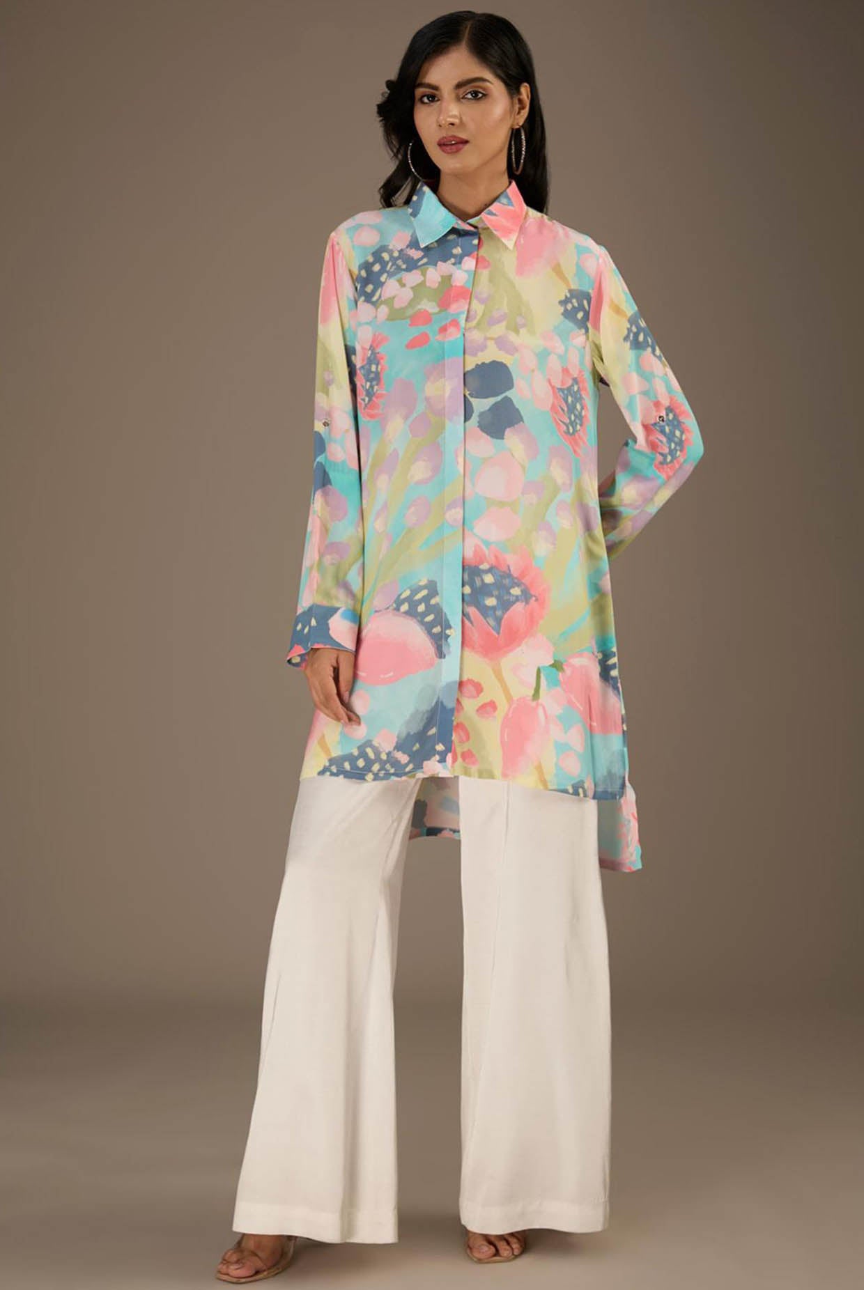 Euphoria Printed Roll-Up Sleeve Shirt Dress