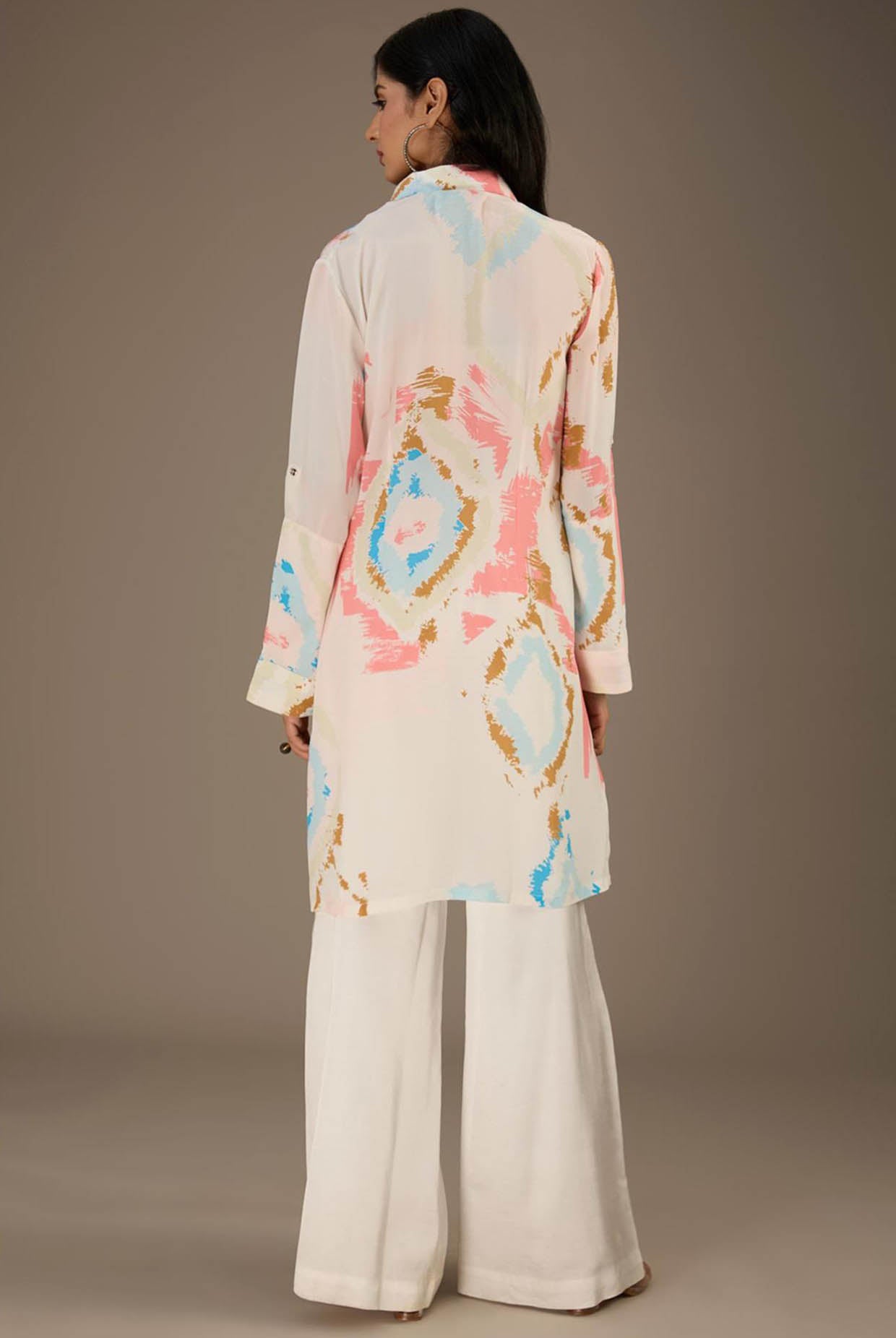 White Printed Roll-Up Sleeve Shirt Dress