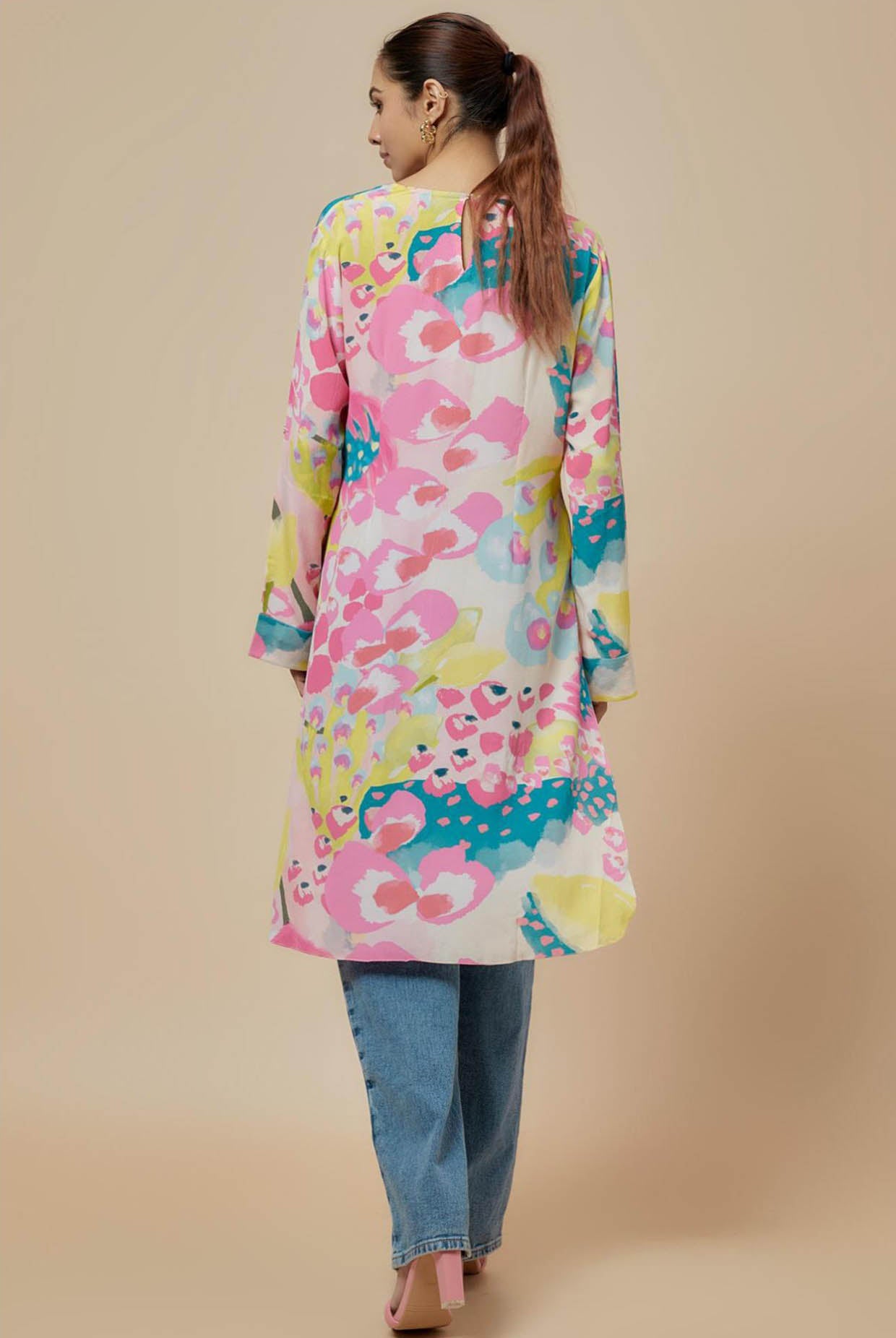 Lime Printed Crepe High Low Tunic With Rolled Up Sleeves