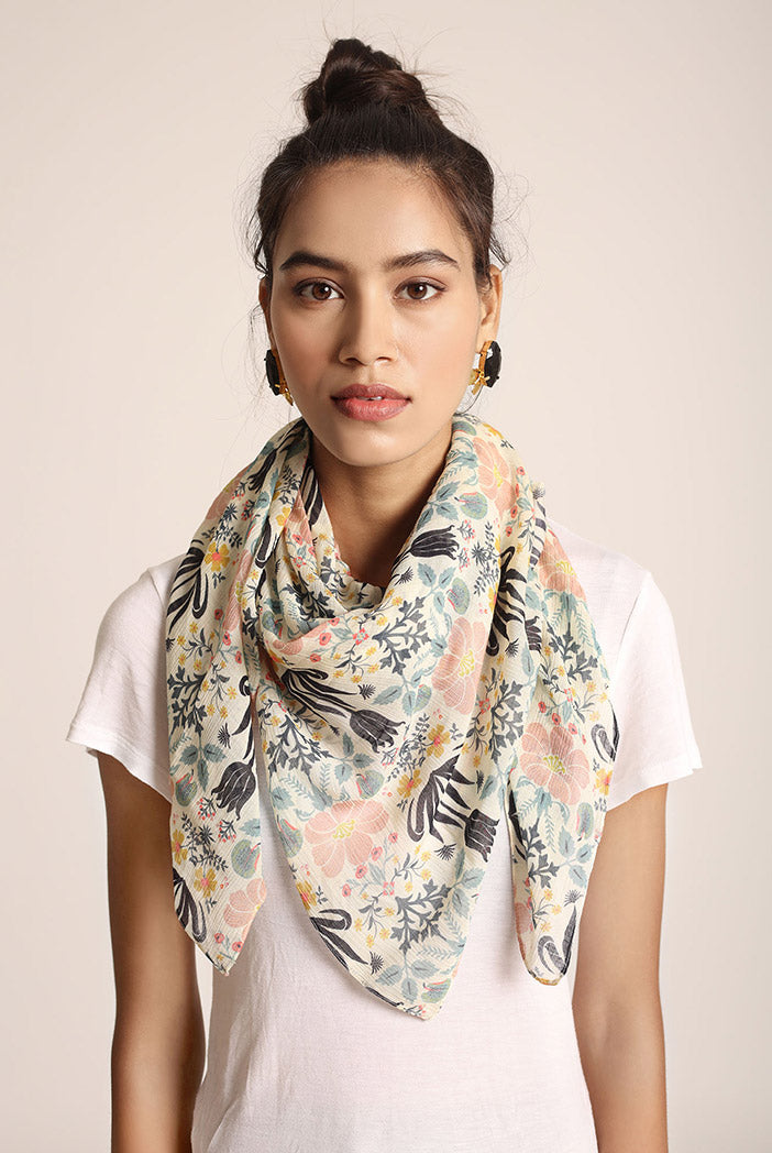 Cream Tulip Garden Print Square Scarf