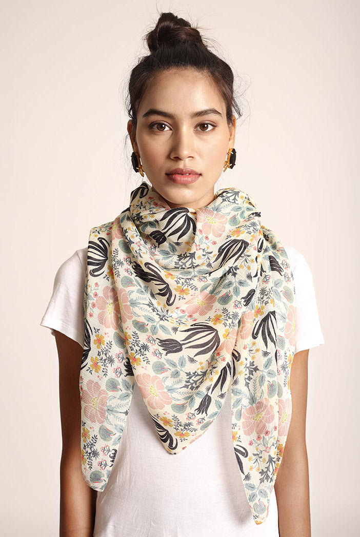 Cream Tulip Garden Print Full Width Scarf