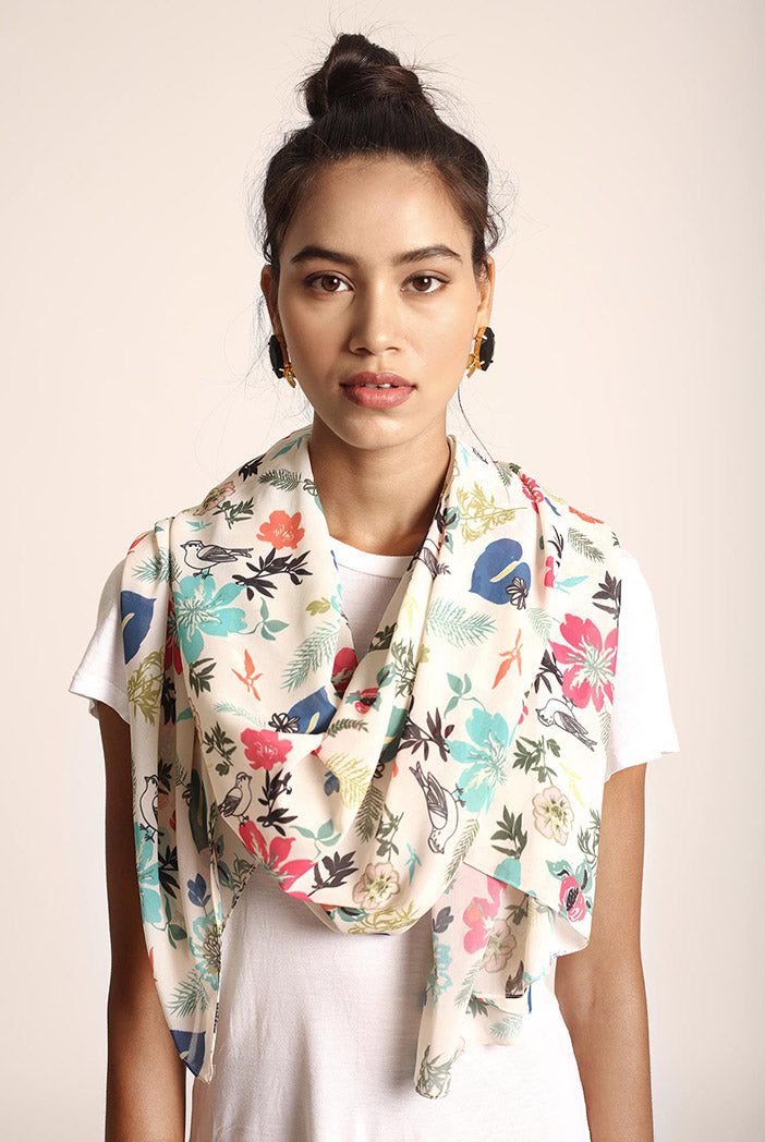 Cream Saheba Print Full Width Scarf