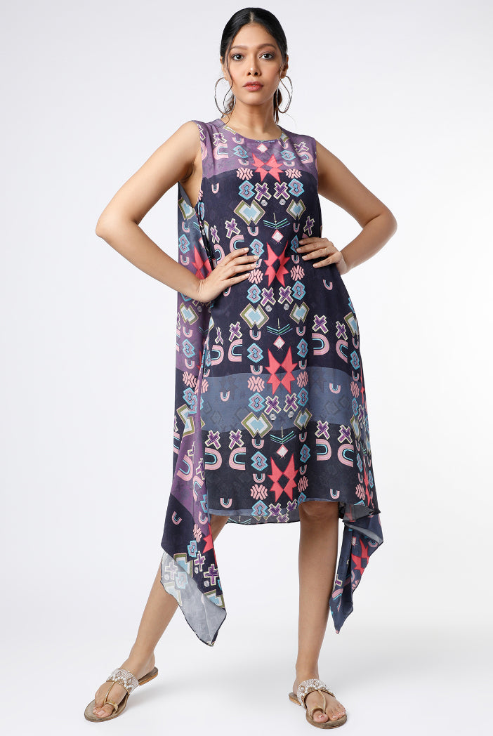 Purple Ikat Star Small Print Crepe Handkerchief Tunic