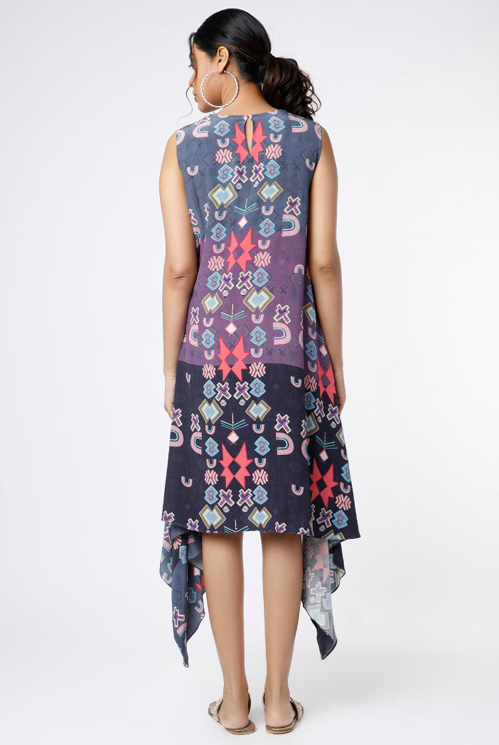 Purple Ikat Star Small Print Crepe Handkerchief Tunic
