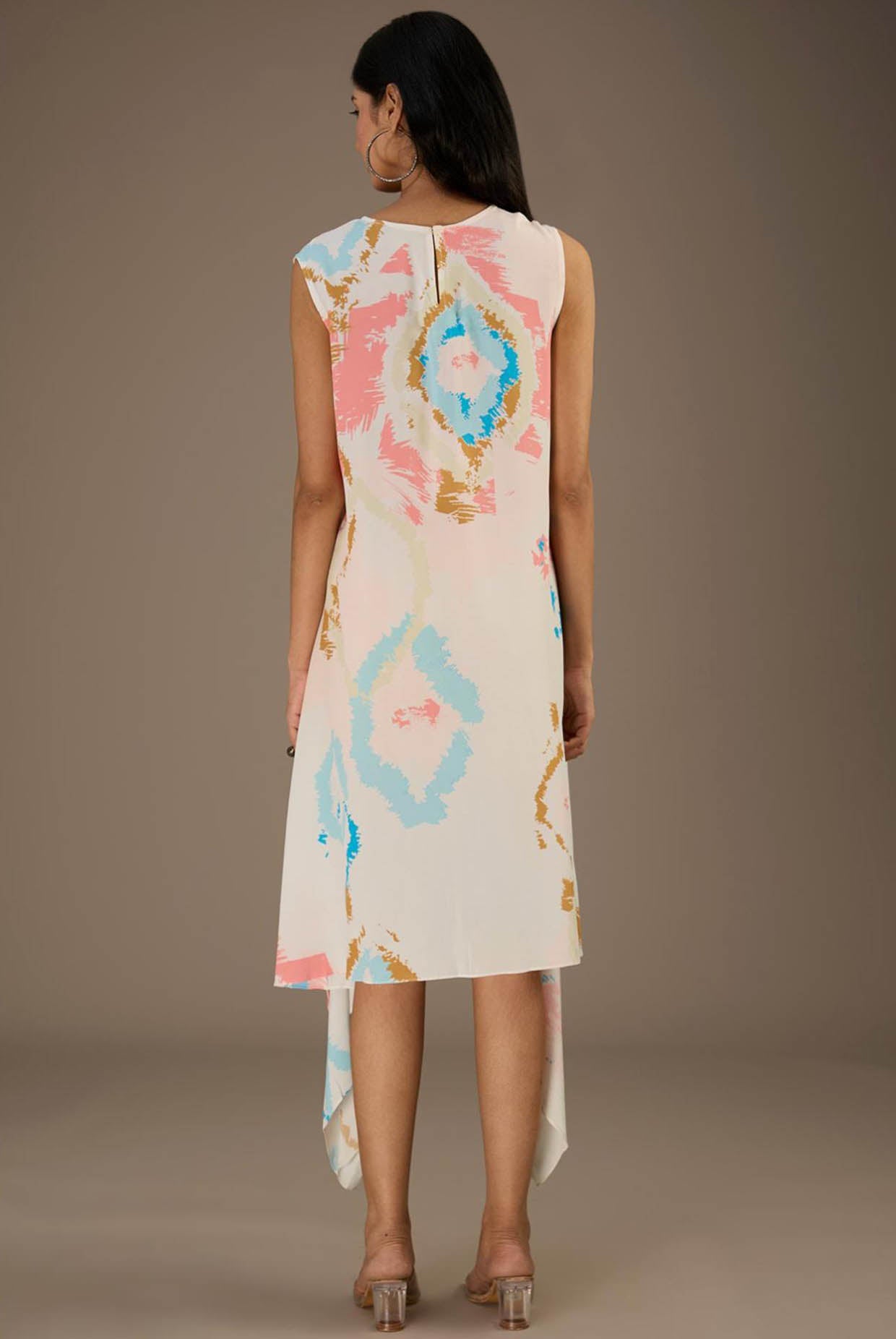 White Printed Crepe Dress With Side Drape