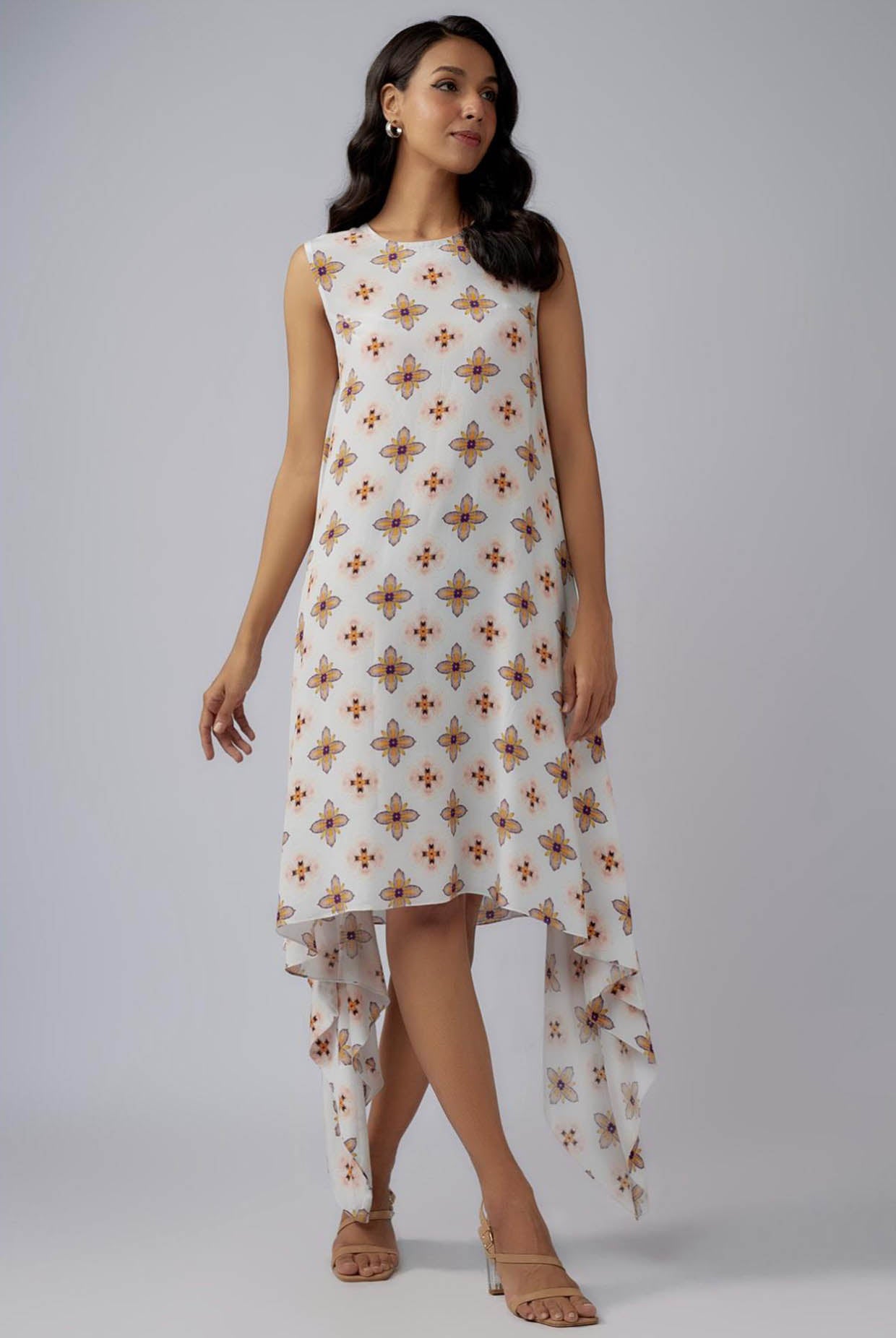 Ivory Printed Crepe Side Tail Tunic