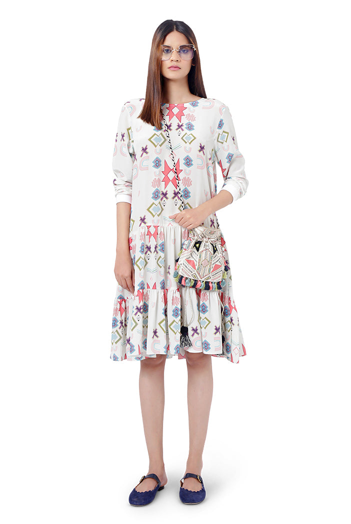 White Colour Printed Crepe Frill Hem Tunic