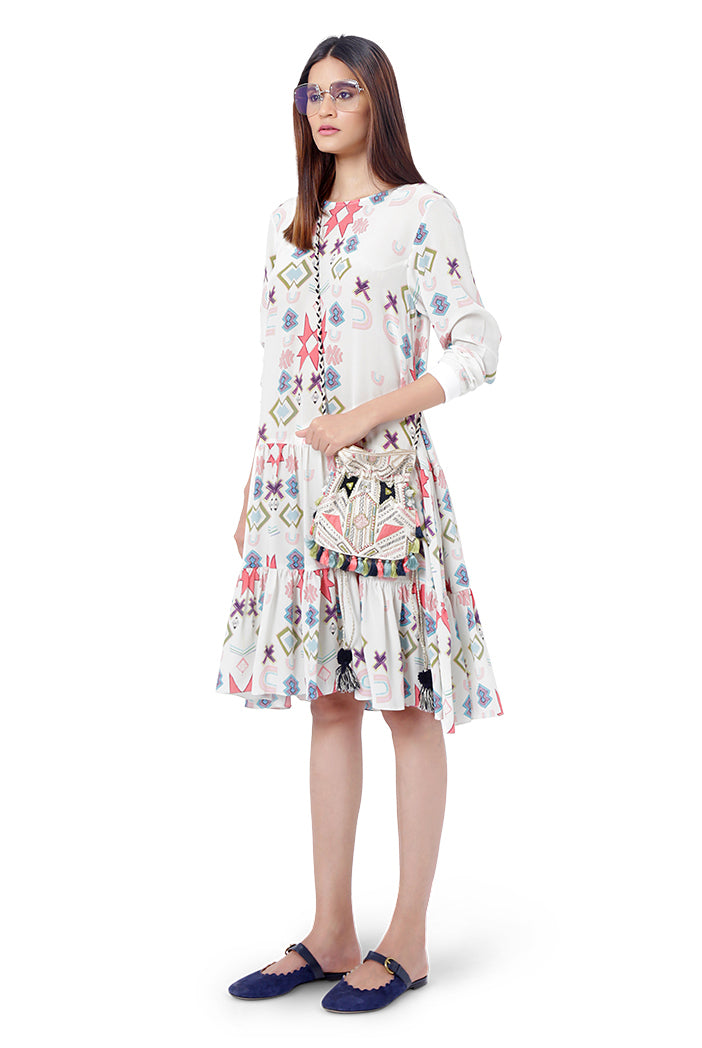 White Colour Printed Crepe Frill Hem Tunic