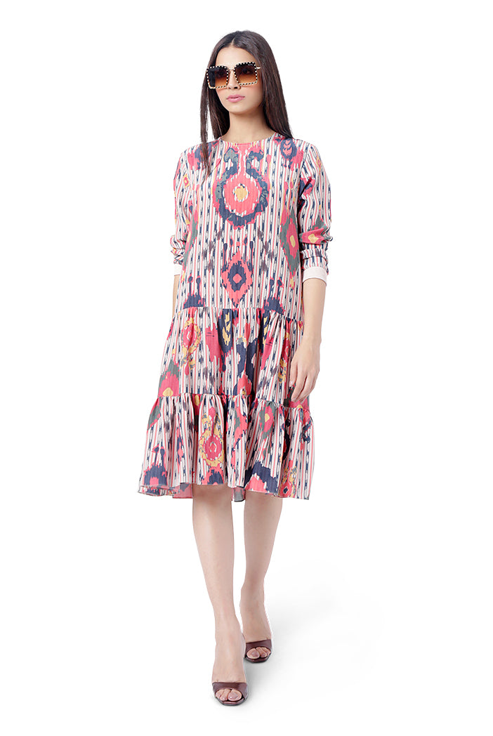 Red Colour Printed Crepe Frill Hem Tunic