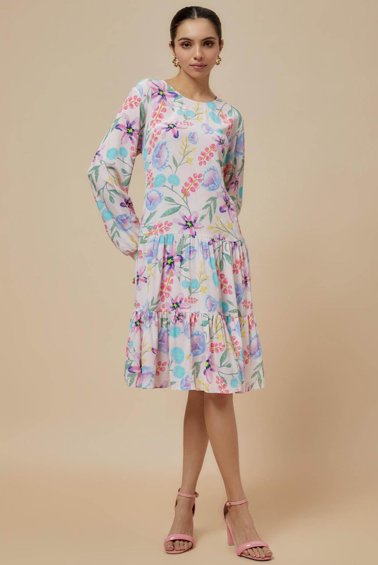 Baby Pink Cream Printed Crepe Frill Hem Tunic