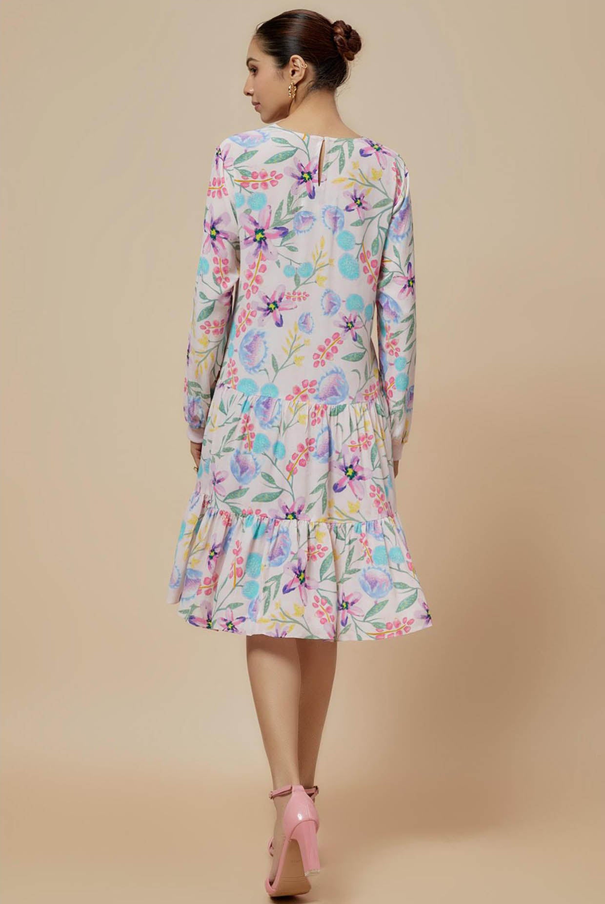 Baby Pink Cream Printed Crepe Frill Hem Tunic
