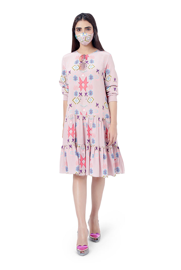 Pink Colour Printed Crepe Frill Hem Tunic