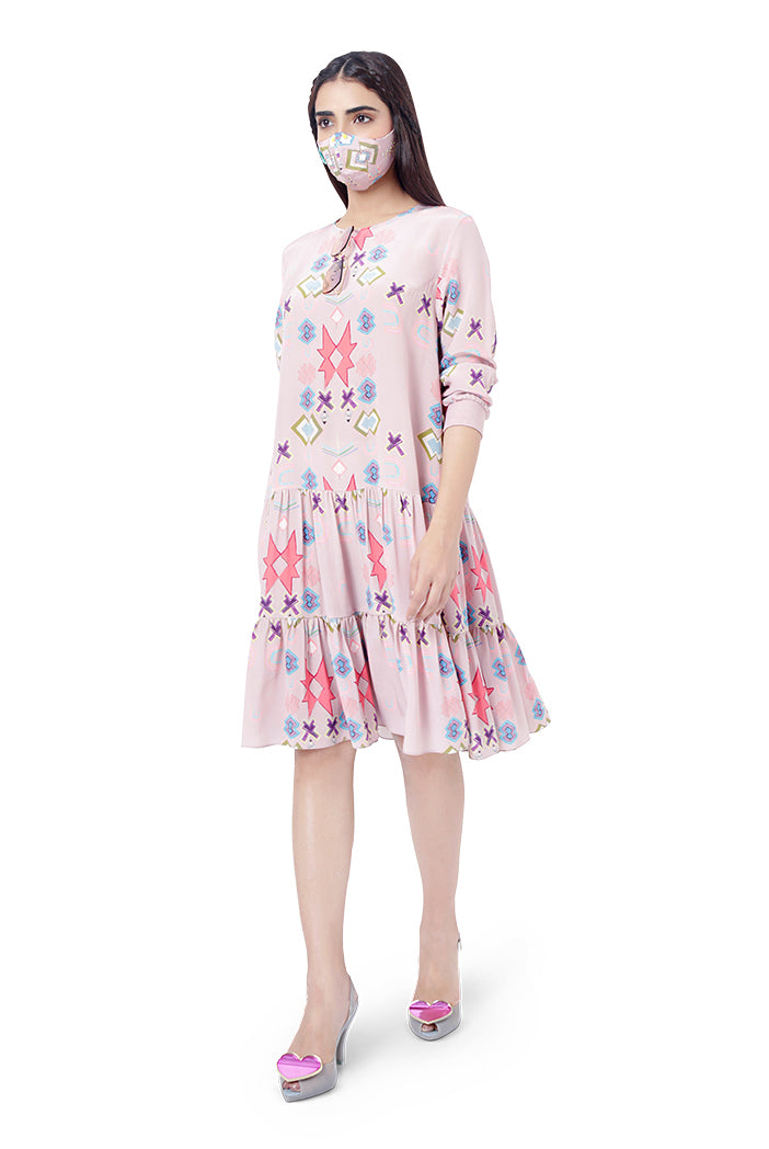 Pink Colour Printed Crepe Frill Hem Tunic