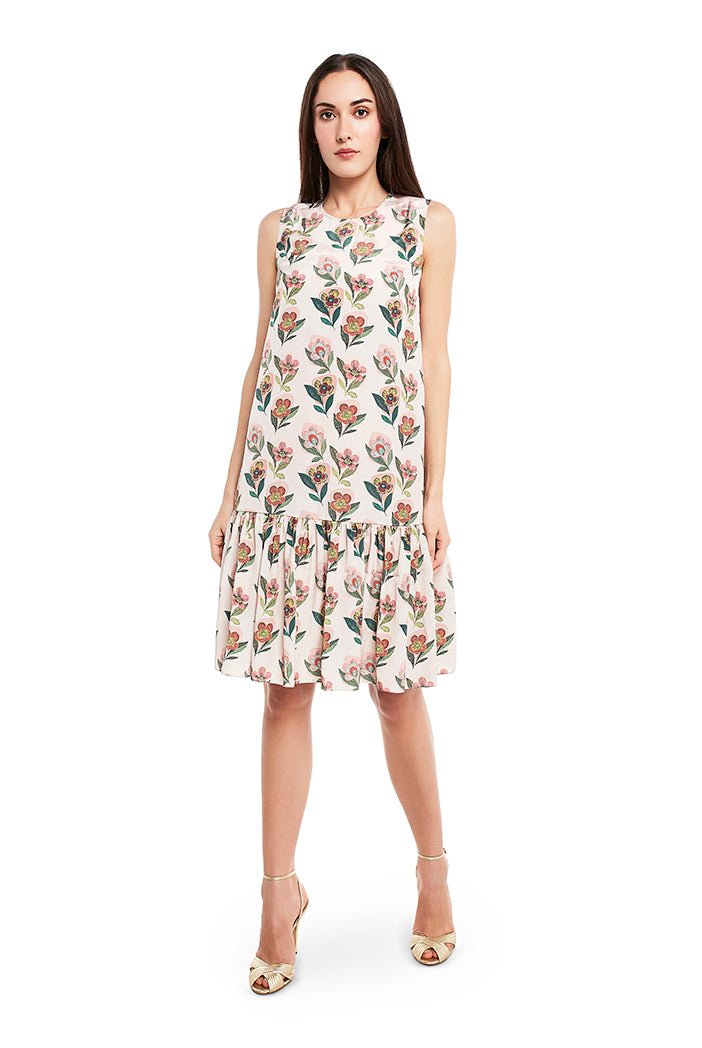 Cream Colour Printed Art Crepe Frill Hem Tunic