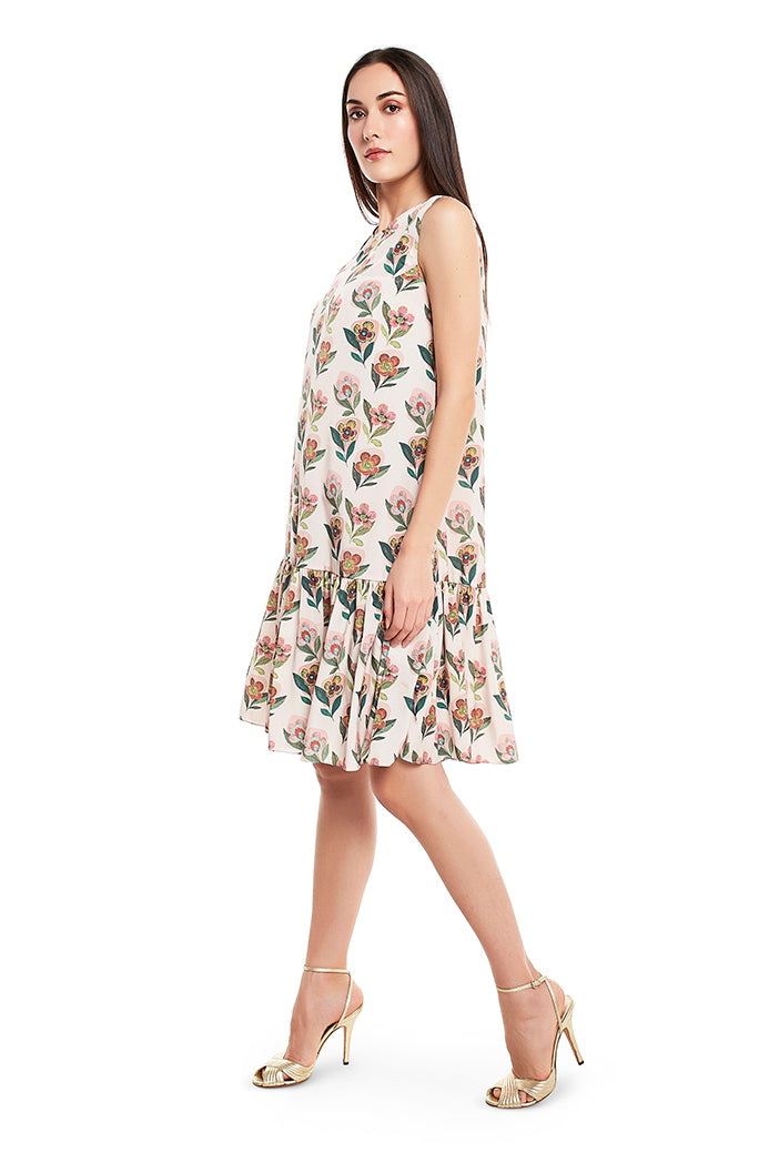 Cream Colour Printed Art Crepe Frill Hem Tunic