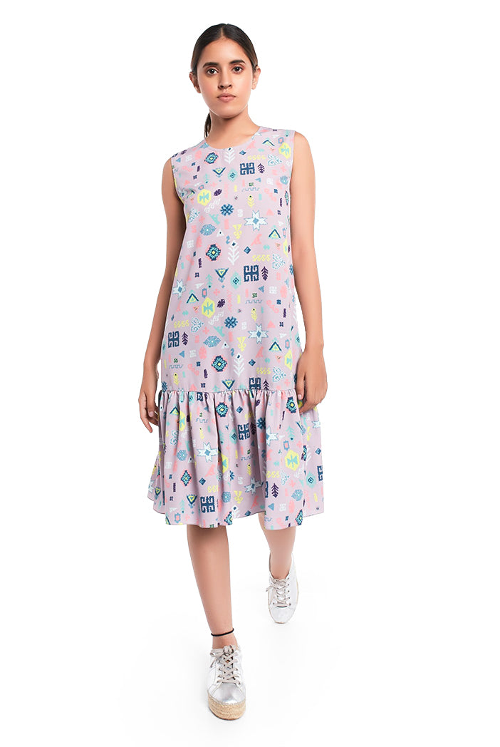 Lavender Lime Colour Printed Art Crepe Sleeveless Frill Hem Tunic