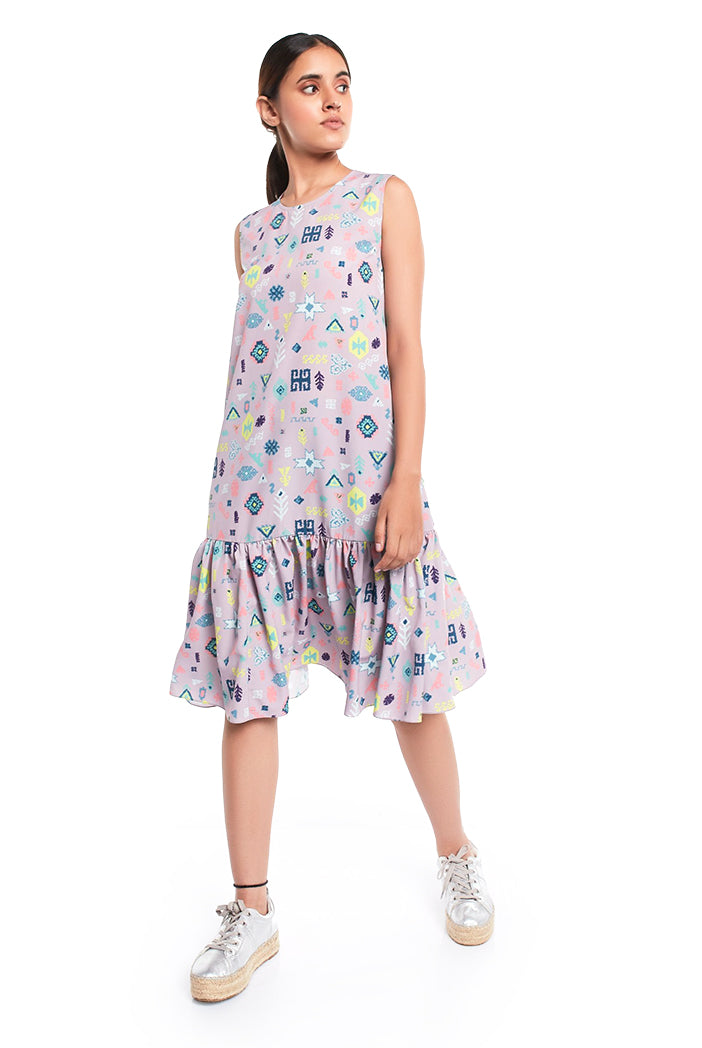 Lavender Lime Colour Printed Art Crepe Sleeveless Frill Hem Tunic