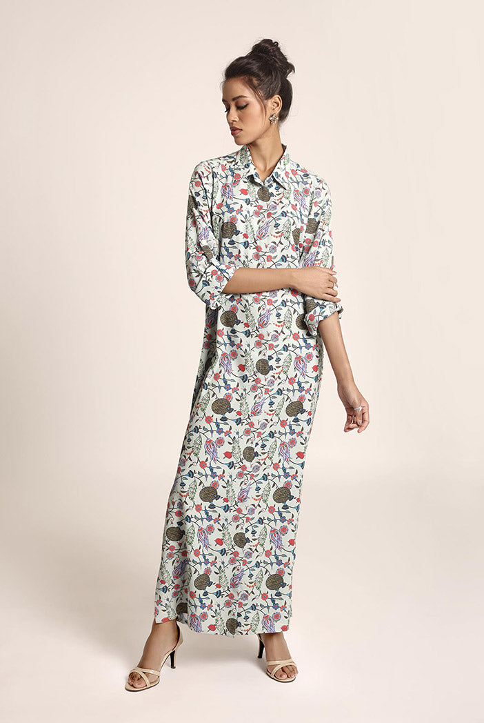 Blue Printed Art Crepe Shirt Dress