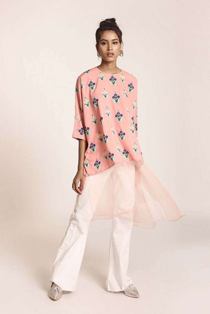 Coral Printed Art Crepe and Organza Kaftan Tunic