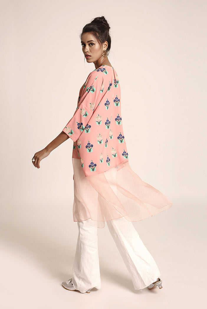 Coral Printed Art Crepe and Organza Kaftan Tunic