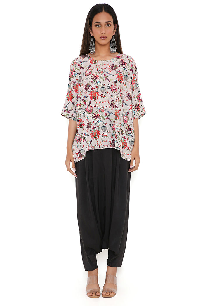 Khaki Chidiya Print Art Crepe Short Maya Tunic