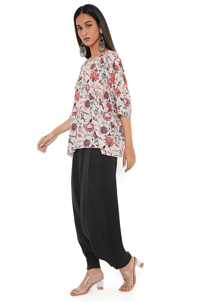 Khaki Chidiya Print Art Crepe Short Maya Tunic