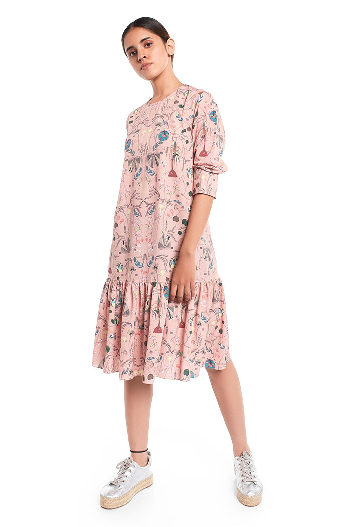 Peach Printed Art Crepe Frill Hem Tunic