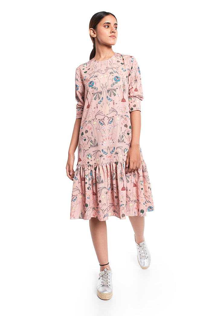 Peach Printed Art Crepe Frill Hem Tunic